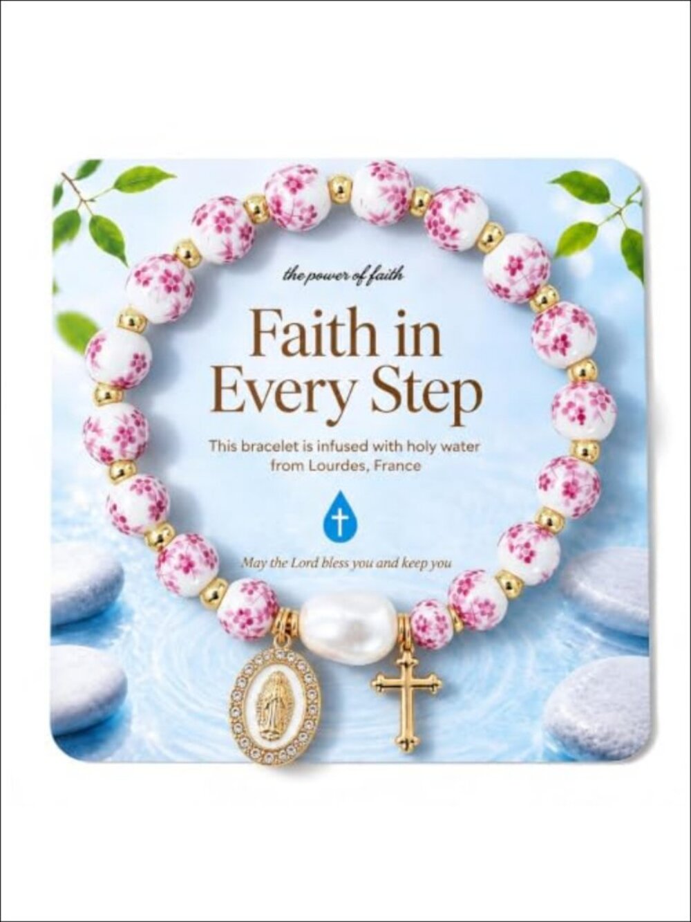 Holy Water Bracelet Prayer Beads Cross Virgin Mary Charm Stretch Faith Gift